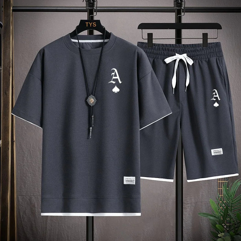 Fashionable casual men's sports suit short-sleeved T-shirt and outdoor summer sports shorts two-piece set daily casual