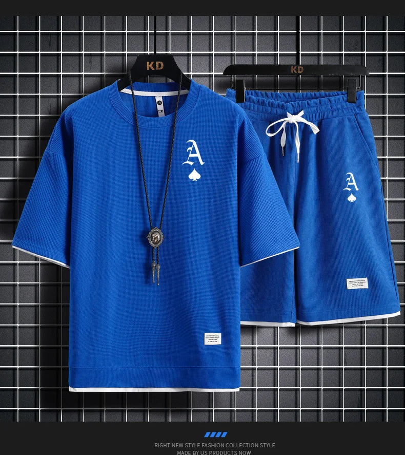 Fashionable casual men's sports suit short-sleeved T-shirt and outdoor summer sports shorts two-piece set daily casual